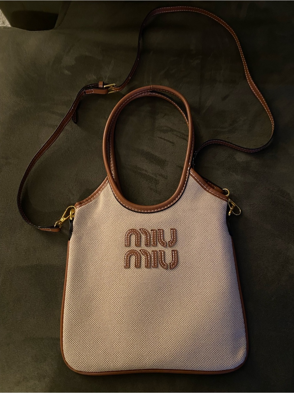 Miu Beige Canvas Shoulder Bag with Brown Leather Trim